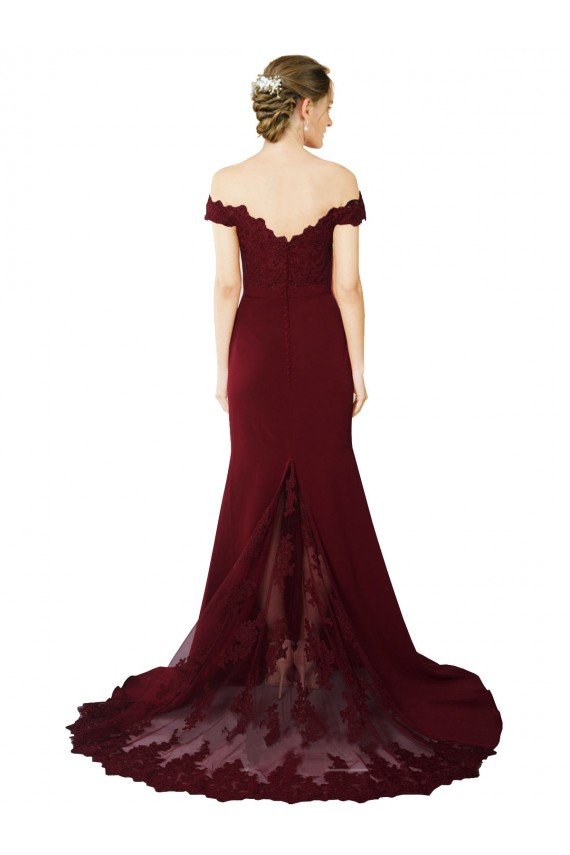Affordable Full Length Off the Shoulder Formal Crepe Bridesmaid Dress / Prom Dress with Lace On Bodice and Back