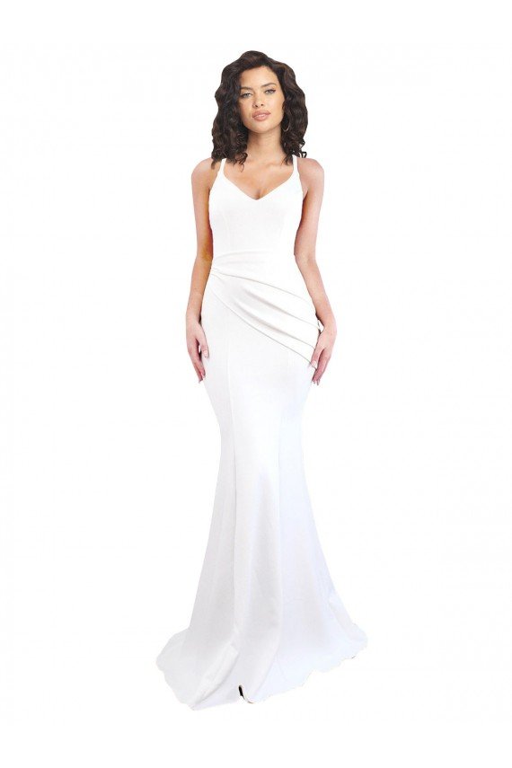 Affordable Fishtail Shape Spaghetti Straps Open Back Formal Crepe Bridesmaid Dress / Prom Dress with Ruffles