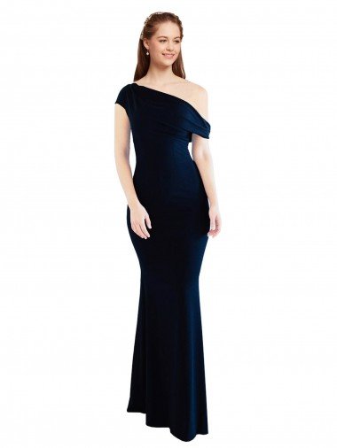 Affordable Draped Off the Shoulder Fitted Formal Crepe Bridesmaid Dress / Prom Dress