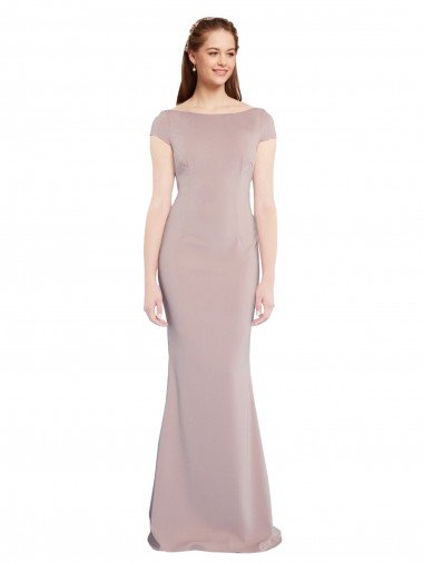 Affordable Boat Neck Cap Sleeve Formal Crepe Bridesmaid Dress / Prom Dress with Plunging Tie Back
