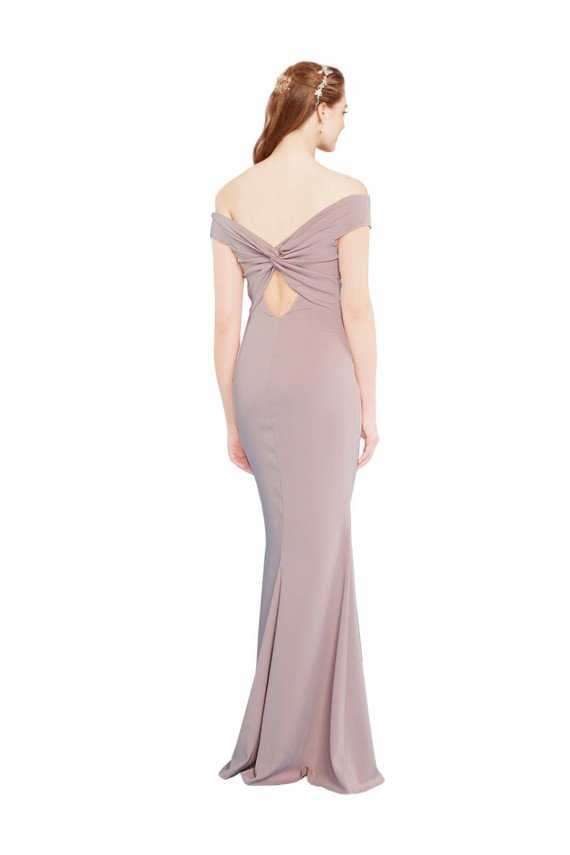 Affordable Knotted Off the Shoulder Formal Crepe Bridesmaid Dress / Prom Dress with Cut-Out Back