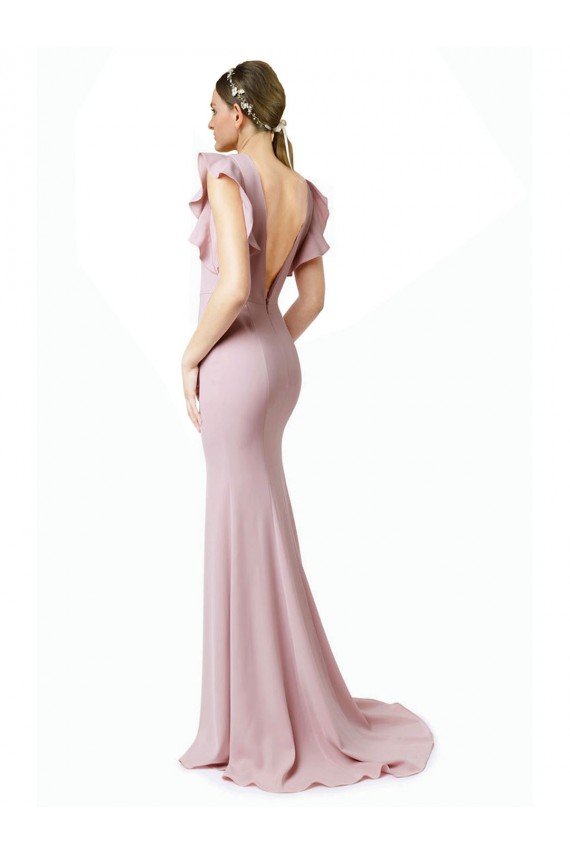 Affordable Low V-Back Long Mermaid Crepe Bridesmaid Dress / Prom Dress with Ruffled Sleeves