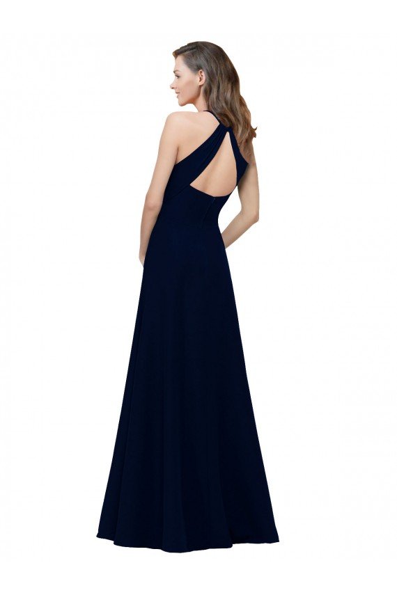 Affordable High Neck Crepe Bridesmaid Dress / Prom Dress with Pleats and Keyhole Back