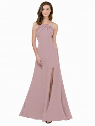 Affordable High Neck Crepe Bridesmaid Dress / Prom Dress with Pleats and Keyhole Back