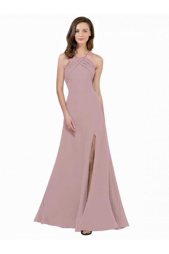 Affordable High Neck Crepe Bridesmaid Dress / Prom Dress with Pleats and Keyhole Back