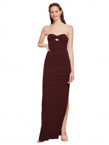 Affordable Twisted Strapless Keyhole Long Formal Crepe Bridesmaid Dress / Prom Dress with Slit