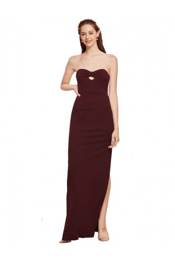 Affordable Twisted Strapless Keyhole Long Formal Crepe Bridesmaid Dress / Prom Dress with Slit