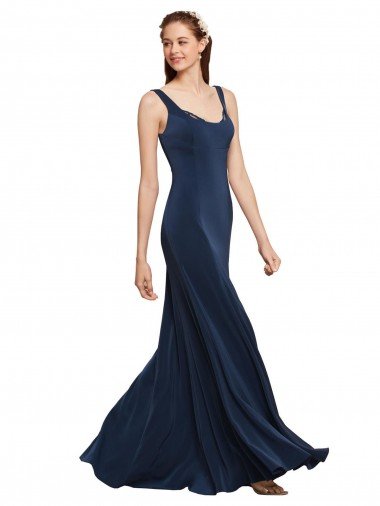 Affordable Fit and Flare Long Formal Crepe Bridesmaid Dress / Prom Dress with Round Neck