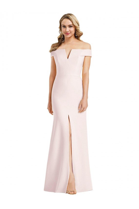 Affordable Off the Shoulder Notch Trumpet Formal Crepe Bridesmaid Dress / Prom Dress with Front Slit