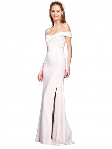 Affordable Criss Cross Off the Shoulder Formal Crepe Bridesmaid Dress / Prom Dress with Side Slit