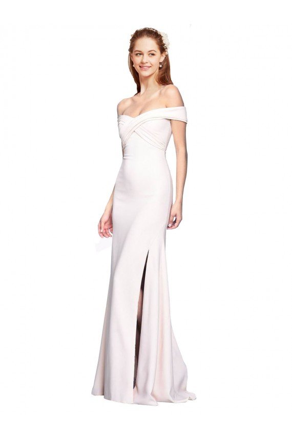 Affordable Criss Cross Off the Shoulder Formal Crepe Bridesmaid Dress / Prom Dress with Side Slit