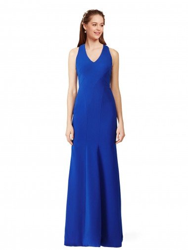 Affordable Halter V-Neck Long A-Line Formal Crepe Bridesmaid Dress / Prom Dress