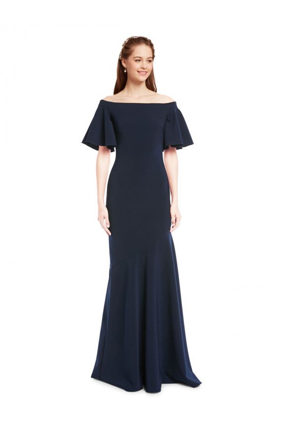 Affordable Off the Shoulder Formal Crepe Bridesmaid Dress / Prom Dress with Short Ruffle Sleeves.