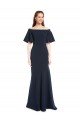 Affordable Off the Shoulder Formal Crepe Bridesmaid Dress / Prom Dress with Short Ruffle Sleeves.