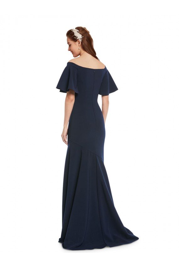 Affordable Off the Shoulder Formal Crepe Bridesmaid Dress / Prom Dress with Short Ruffle Sleeves.