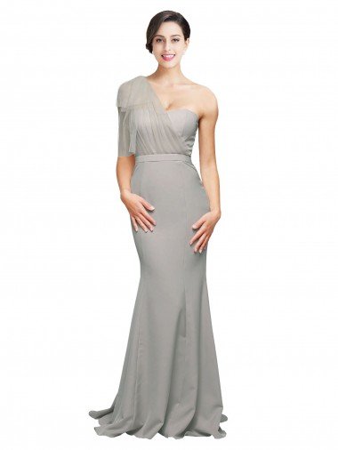 Affordable Long Sweep Train Sweetheart Formal Crepe Bridesmaid Dress / Prom Dress with Tulle One Shoulder
