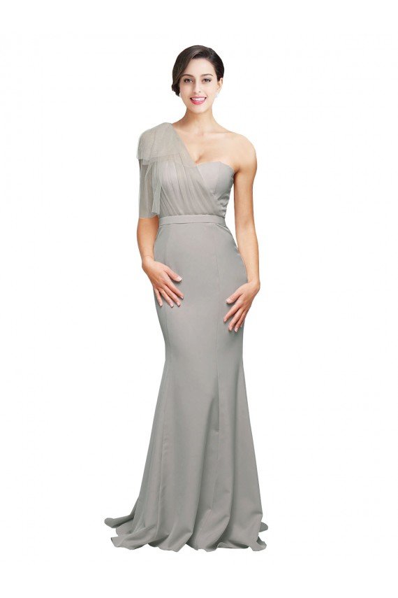 Affordable Long Sweep Train Sweetheart Formal Crepe Bridesmaid Dress / Prom Dress with Tulle One Shoulder