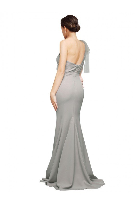 Affordable Long Sweep Train Sweetheart Formal Crepe Bridesmaid Dress / Prom Dress with Tulle One Shoulder