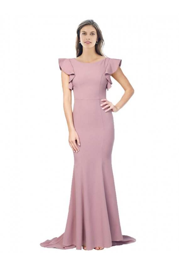 Affordable Flutter Sleeves Low V-Back High Round Neck Formal Crepe Bridesmaid Dress / Prom Dress