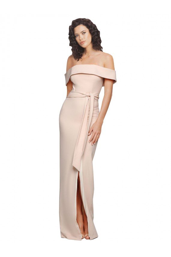 Affordable Off the Shoulder Long Formal Crepe Bridesmaid Dress / Prom Dress with Waist Tie and Slit