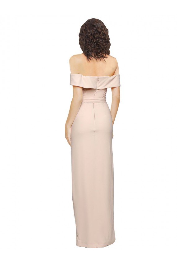 Affordable Off the Shoulder Long Formal Crepe Bridesmaid Dress / Prom Dress with Waist Tie and Slit