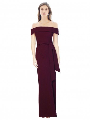 Affordable Off the Shoulder Long Formal Crepe Bridesmaid Dress / Prom Dress with Waist Tie