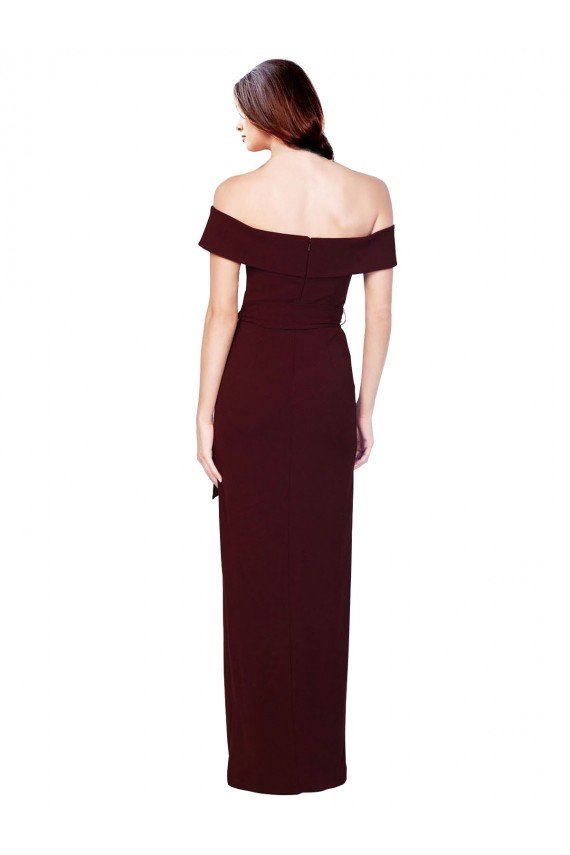 Affordable Off the Shoulder Long Formal Crepe Bridesmaid Dress / Prom Dress with Waist Tie