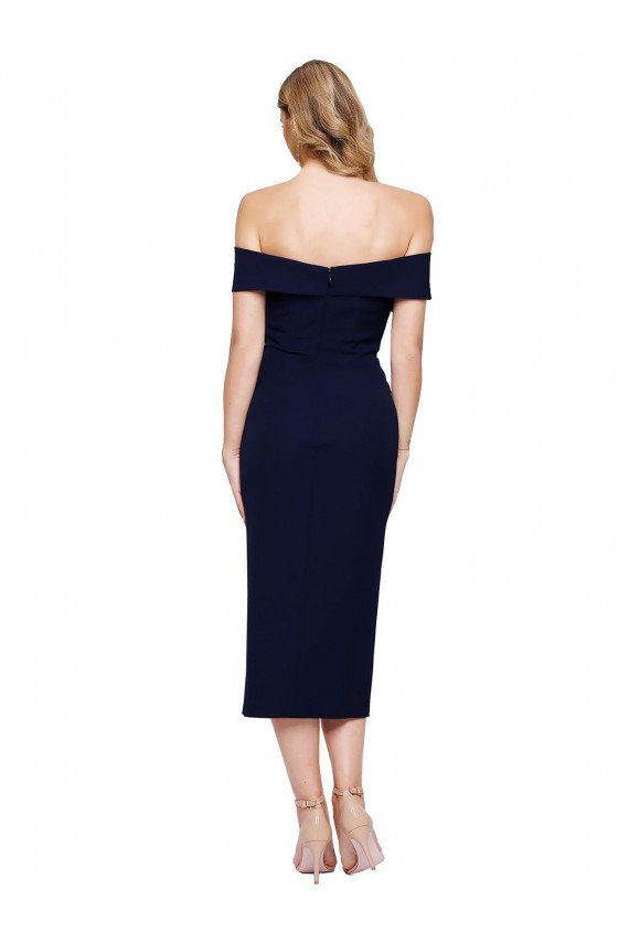 Affordable Midi Length Short Formal Crepe Bridesmaid Dress / Cocktail Prom Dress with Side Split