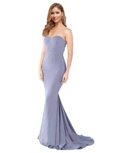 Affordable Long Strapless Sweetheart Sweep Train Formal Crepe Bridesmaid Dress / Prom Dress with Low Back