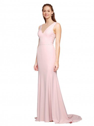 Affordable Deep V-Neckline and Back Long Sweep Train Crepe Bridesmaid Dress / Prom Dress with Shoulder Straps