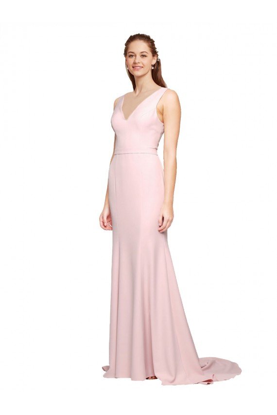Affordable Deep V-Neckline and Back Long Sweep Train Crepe Bridesmaid Dress / Prom Dress with Shoulder Straps