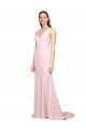 Affordable Deep V-Neckline and Back Long Sweep Train Crepe Bridesmaid Dress / Prom Dress with Shoulder Straps