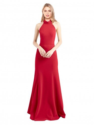 Affordable Sleek Fit and Flare High Neck Halter Stretch Formal Crepe Bridesmaid Dress / Prom Dress with Open Back