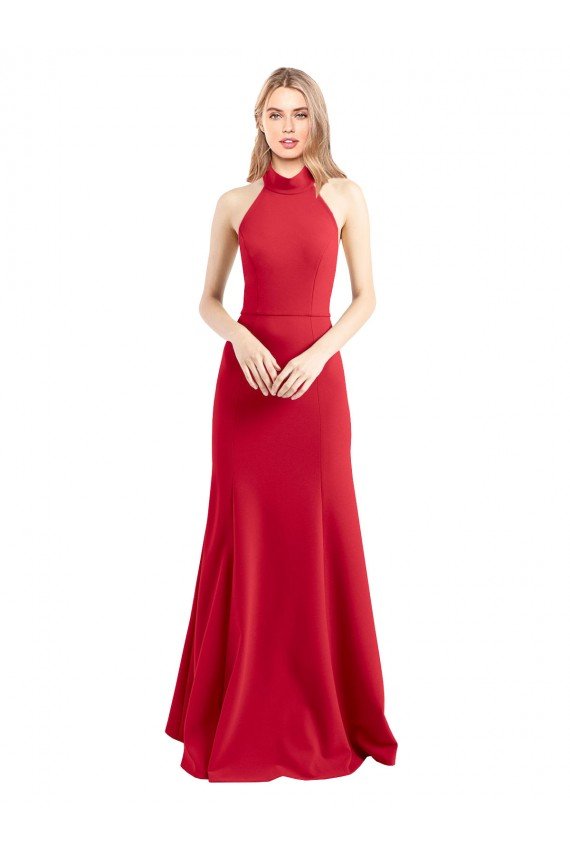 Affordable Sleek Fit and Flare High Neck Halter Stretch Formal Crepe Bridesmaid Dress / Prom Dress with Open Back