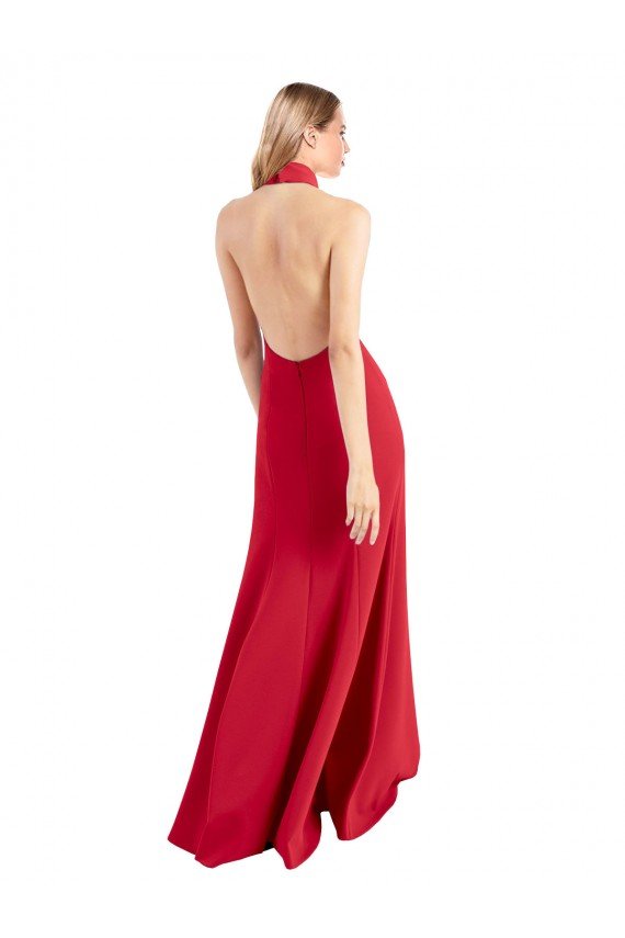 Affordable Sleek Fit and Flare High Neck Halter Stretch Formal Crepe Bridesmaid Dress / Prom Dress with Open Back