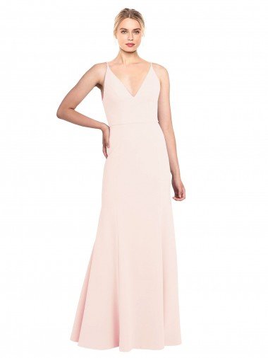 Affordable Slim A-Line V-Neck Long Stretch Formal Crepe Bridesmaid Dress / Prom Dress with V-Back