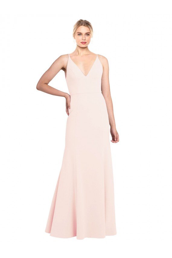 Affordable Slim A-Line V-Neck Long Stretch Formal Crepe Bridesmaid Dress / Prom Dress with V-Back