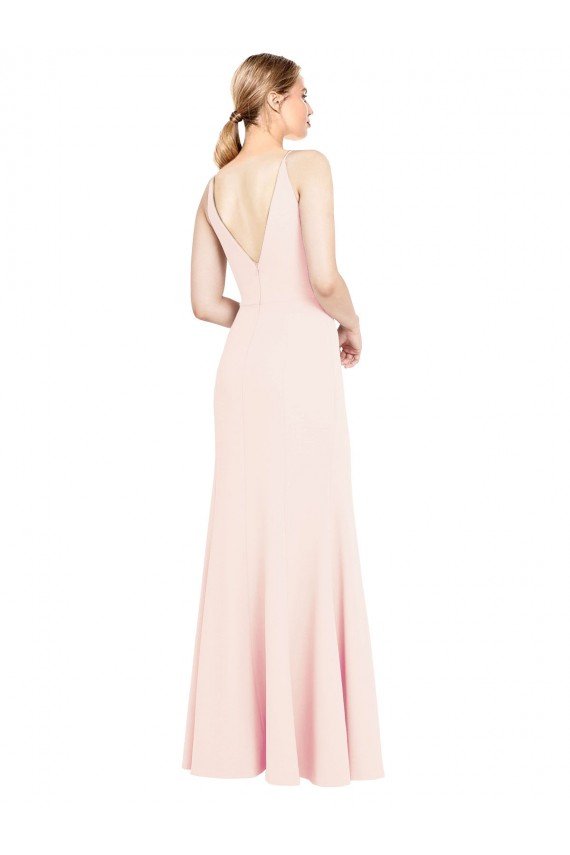 Affordable Slim A-Line V-Neck Long Stretch Formal Crepe Bridesmaid Dress / Prom Dress with V-Back
