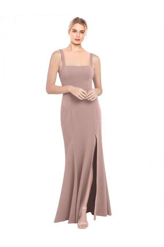 Affordable Square Neck Fit and Flare Long Stretch Crepe Bridesmaid Dress / Prom Dress with Side Slit