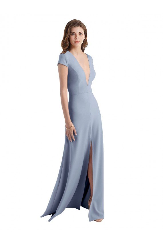 Affordable Plunging V-Neck Cap Sleeves Stretch Crepe Bridesmaid Dress / Prom Dress with Front Slit