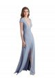 Affordable Plunging V-Neck Cap Sleeves Stretch Crepe Bridesmaid Dress / Prom Dress with Front Slit