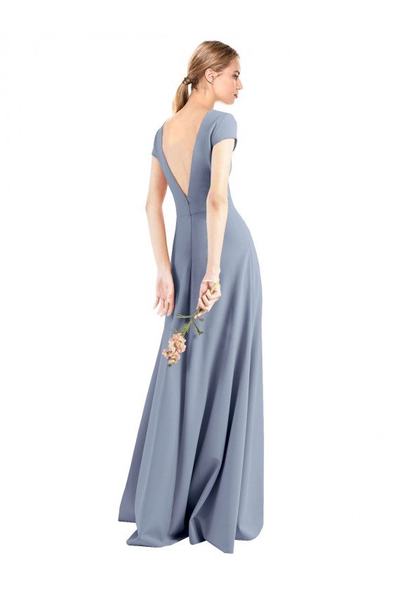 Affordable Plunging V-Neck Cap Sleeves Stretch Crepe Bridesmaid Dress / Prom Dress with Front Slit