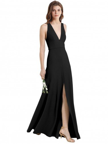 Affordable Sleek Halter V-Neck Long A-Line Stretch Formal Crepe Bridesmaid Dress / Prom Dress with Front Slit