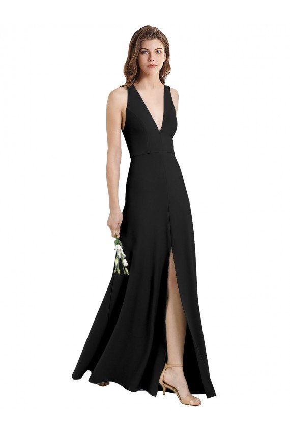 Affordable Sleek Halter V-Neck Long A-Line Stretch Formal Crepe Bridesmaid Dress / Prom Dress with Front Slit