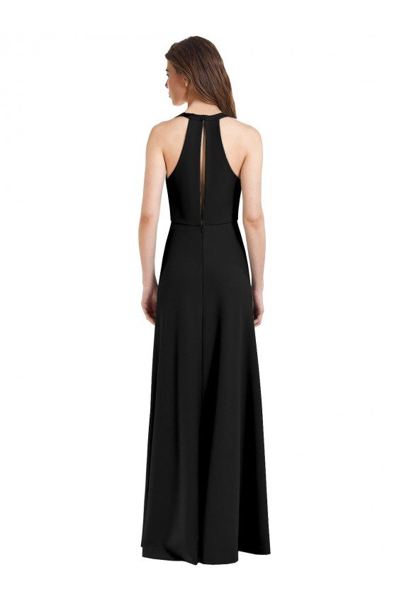 Affordable Sleek Halter V-Neck Long A-Line Stretch Formal Crepe Bridesmaid Dress / Prom Dress with Front Slit