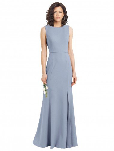 Affordable Boat Neckline and Sleek Fit and Flare Crepe Bridesmaid Dress with Keyhole Back