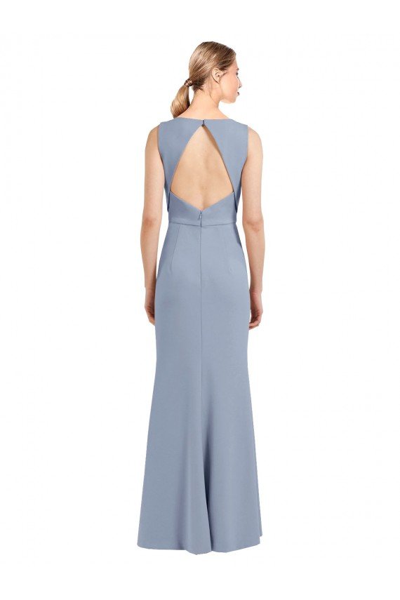 Affordable Boat Neckline and Sleek Fit and Flare Crepe Bridesmaid Dress with Keyhole Back