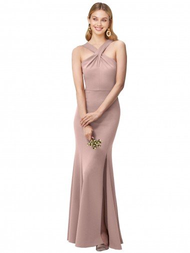 Affordable Long Floor Length High Neck Fit and Flare Stretch Crepe Bridesmaid Dress / Prom Dress with Side Slit