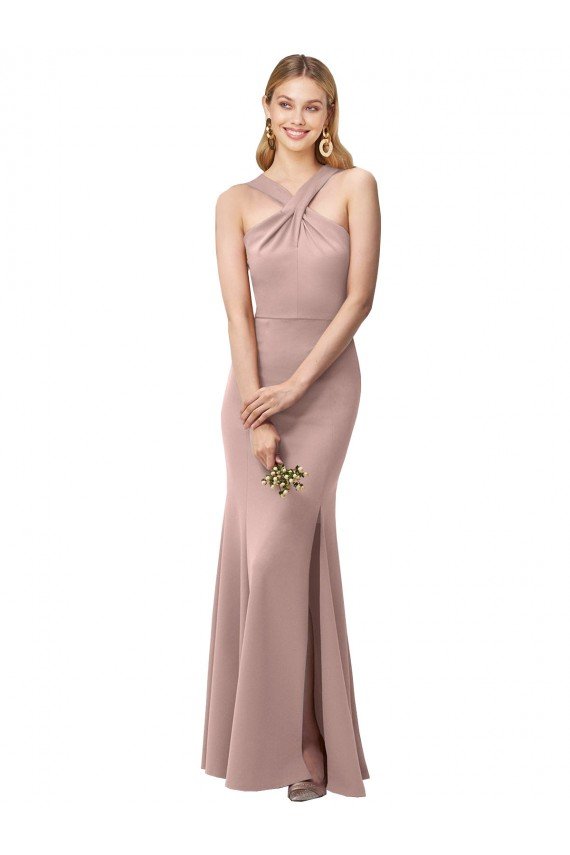 Affordable Long Floor Length High Neck Fit and Flare Stretch Crepe Bridesmaid Dress / Prom Dress with Side Slit