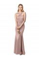 Affordable Long Floor Length High Neck Fit and Flare Stretch Crepe Bridesmaid Dress / Prom Dress with Side Slit